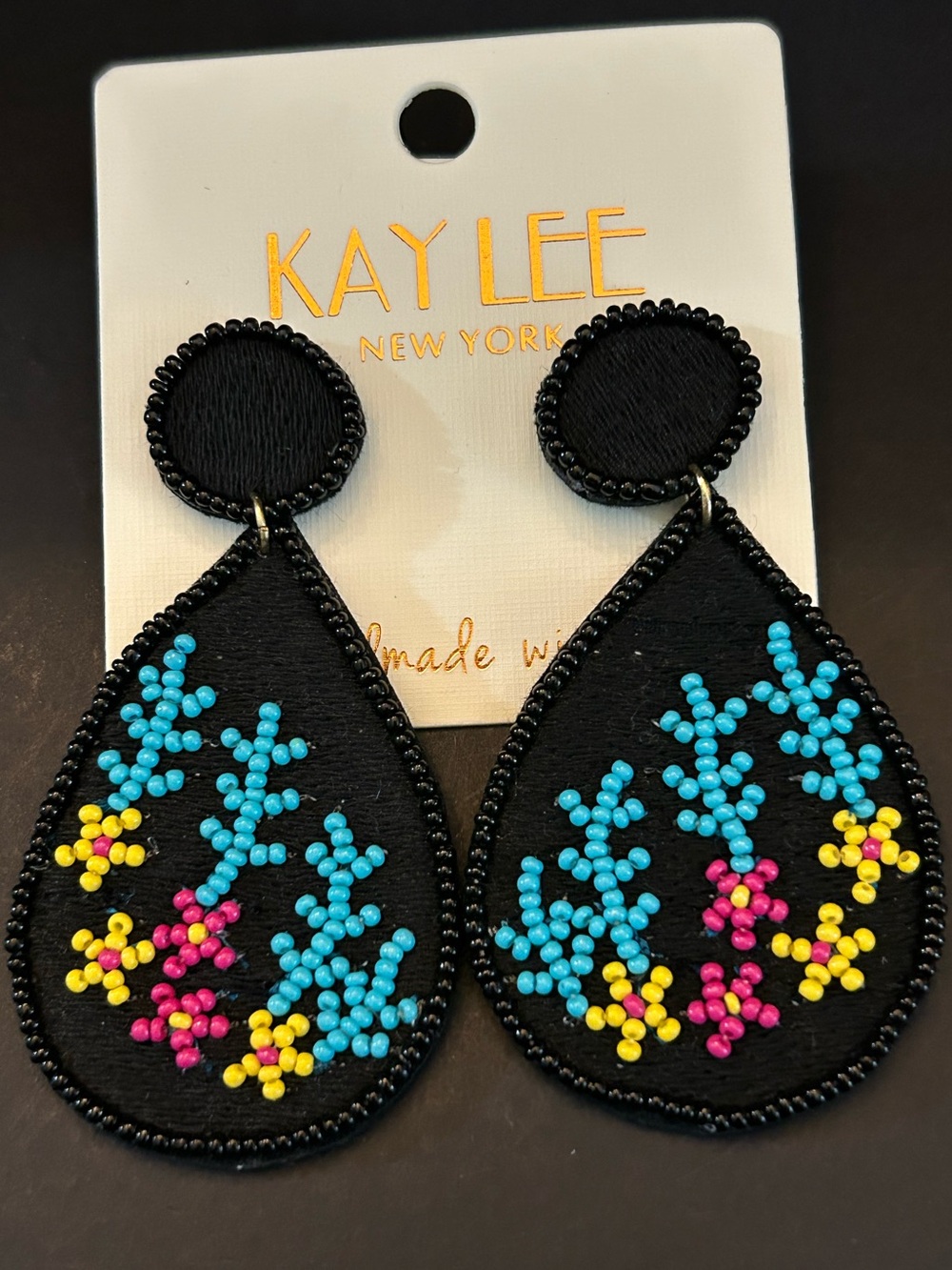 Kay Lee Black Teardrop Hand Beaded Boho Floral Design Earrings